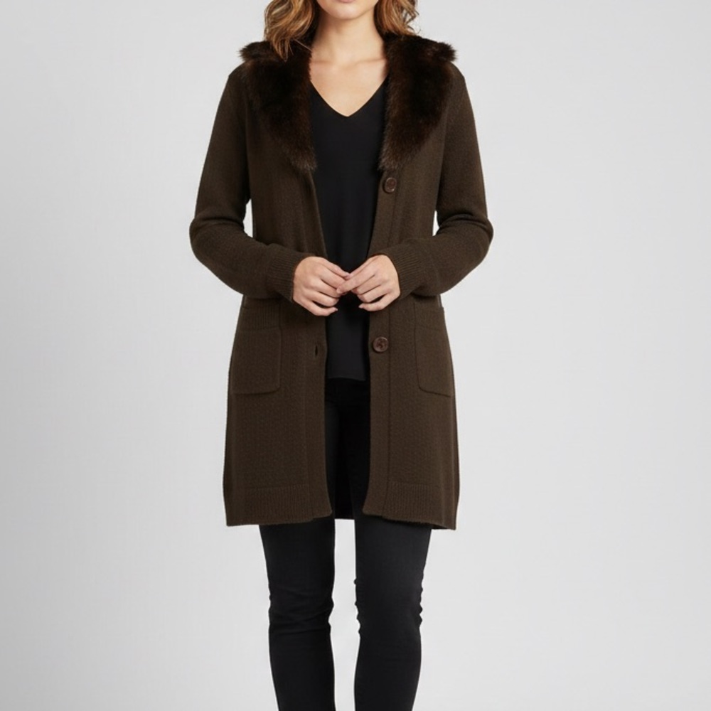 Nine West Y2K Dark Chocolate Brown Long Cardigan Sweater Coat Women’s Size Small